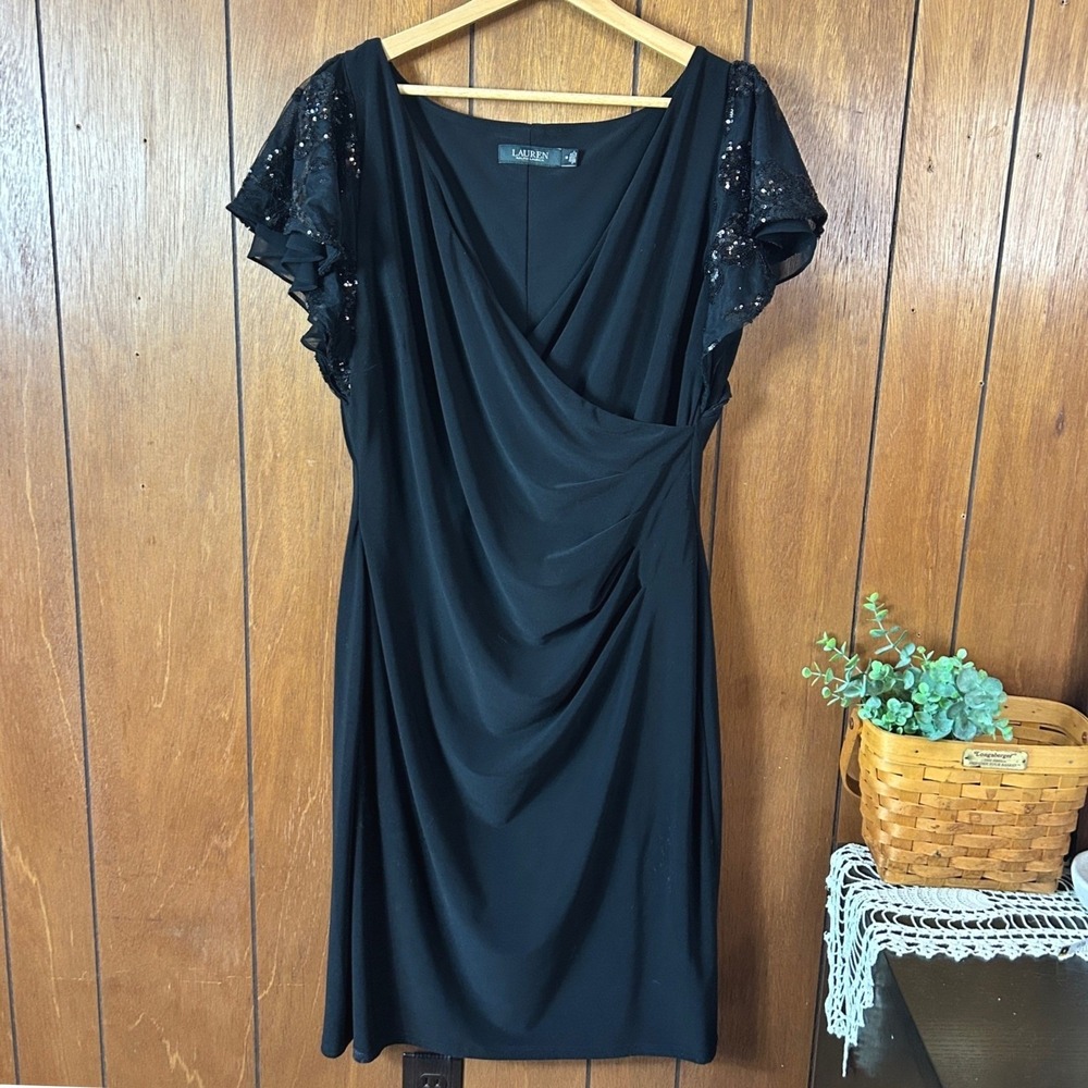 Lauren Ralph Lauren Black Sequin Sleeve Draped Sheath Dress Holiday Party Office